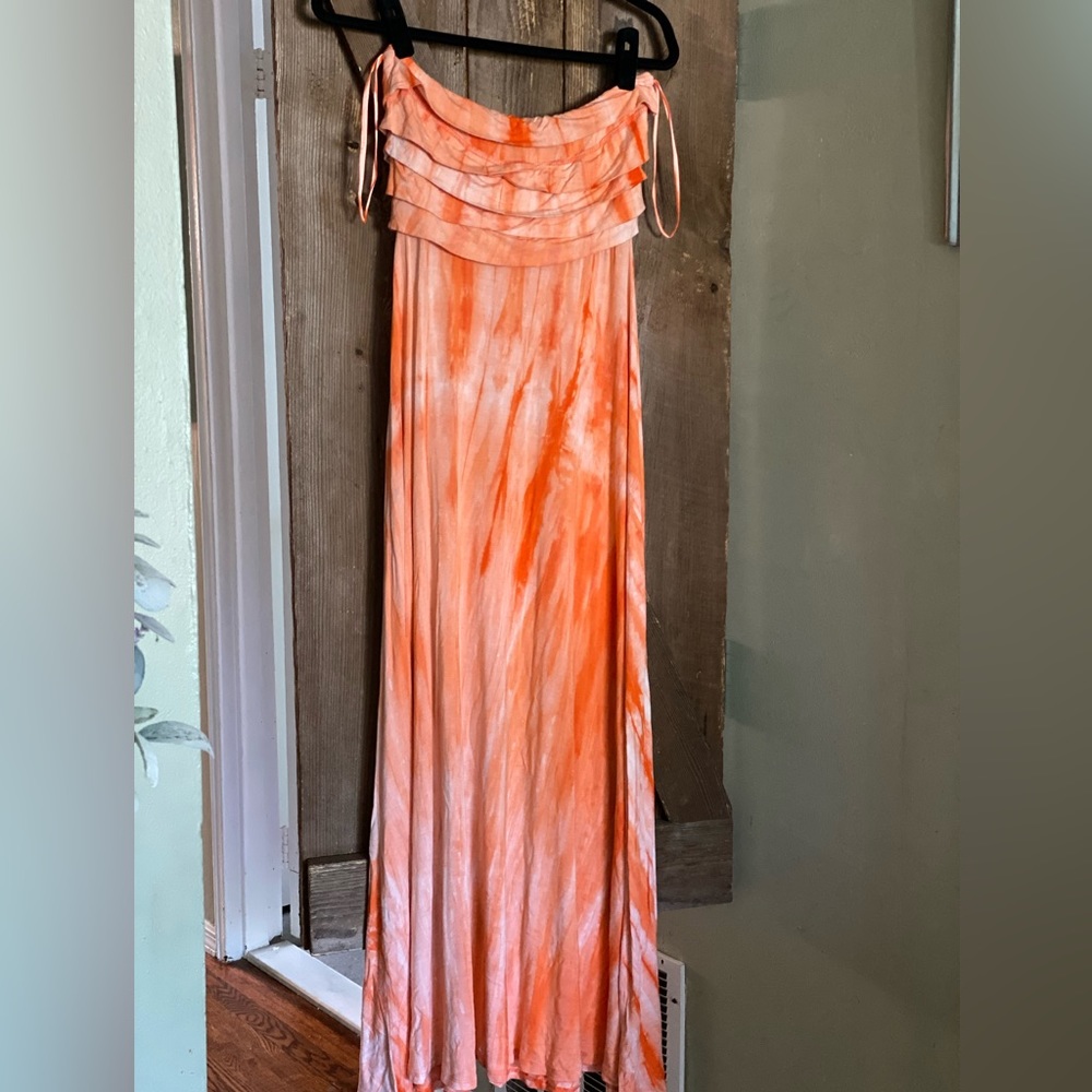 Orange tie dye strapless maxi